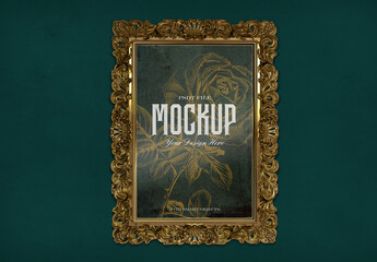 Ornamented Baroque style Gold Frame Mockup on a Old Classy Colour Wall