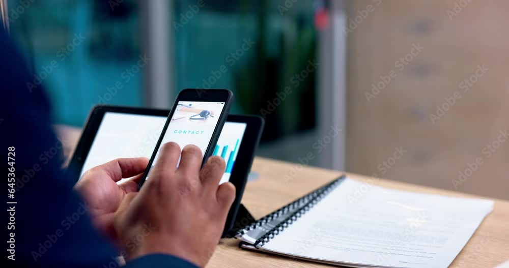 Poster phone, website and hands of business person scroll for data analysis, financial trade and mobile app