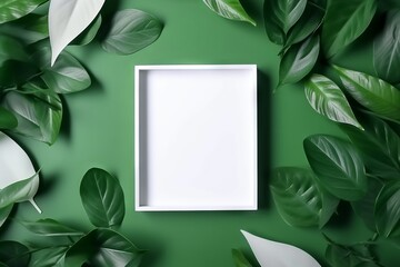 A white frame surrounded by green leaves