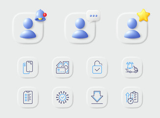 Checklist, Downloading and Money line icons. Placeholder with 3d star, reminder bell, chat. Pack of Security network, Timer, Lock icon. Delivery notification, Smartphone pictogram. Vector