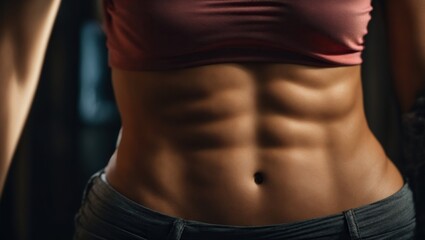 Fototapeta na wymiar Close-Up of a Woman's Well-Defined Abdominal Muscles. Achieving Fitness and Strength. Ai generated.