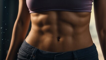 Fototapeta na wymiar Close-Up of a Woman's Well-Defined Abdominal Muscles. Achieving Fitness and Strength. Ai generated.