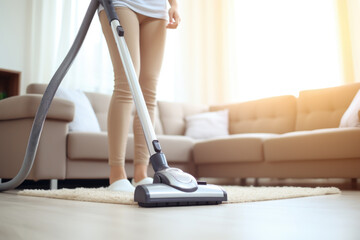 Woman using a vacuum cleaner while cleaning carpet  in the house. - obrazy, fototapety, plakaty