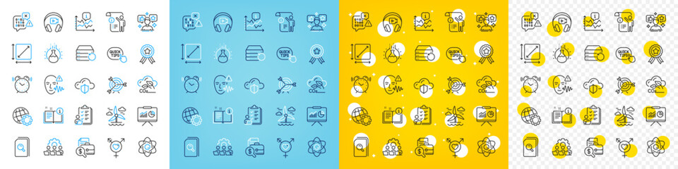 Vector icons set of Target, Teamwork and Winner ribbon line icons pack for web with Search files, Headphones, Quick tips outline icon. Voice wave, Atom core, Windmill pictogram. Vector