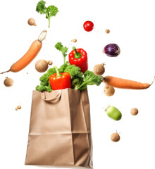 grocerries and vegetables, fruits shopping cart and paper bag	