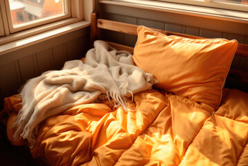 Fototapeta na wymiar Orange bed linen and beige plaid on the bed
