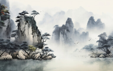 landscape with fog, Ink landscape painting in Chinese style and watercolor landscape painting of gentle mountains and river