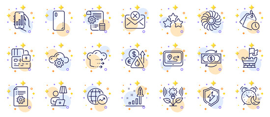 Outline set of Time management, Shield and Cloud computing line icons for web app. Include Floor lamp, Gps, Card pictogram icons. Fuel price, Analysis app, Ranking stars signs. Vector