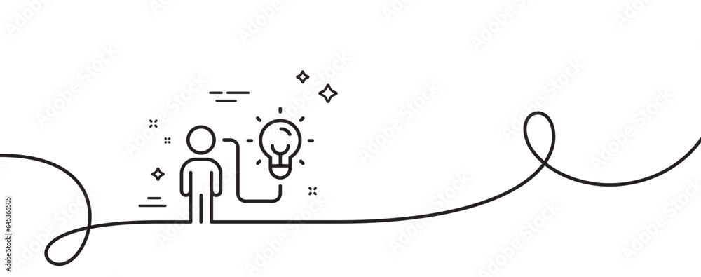 Poster business idea line icon. continuous one line with curl. person with lightbulb sign. work process sym