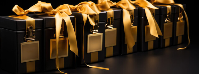 Black gift boxes elegantly positioned against a dark backdrop, embodying the essence of Black Friday savings.