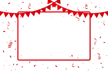 Red Frame And Confetti With Ribbons Falling On White Background. Celebration Event And Birthday. Grand Opening. Vector