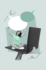 Photo poster banner collage image of funky young woman holding two dialogues notification texting...