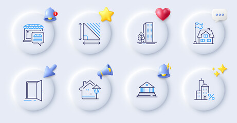 Building, Triangle area and Street light line icons. Buttons with 3d bell, chat speech, cursor. Pack of Court building, Open door, Buildings icon. Mortgage, Food market pictogram. Vector
