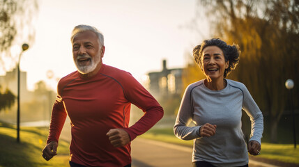 Obraz premium An elderly couple jogging together in a scenic park, enjoying a healthy morning run, elderly couples