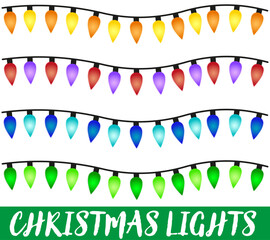 Christmas lights. Vector Christmas tree lights. Colorful xmas decorations for tree and house.