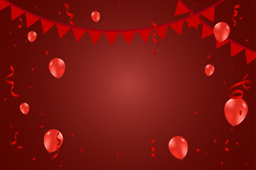 Obraz premium Many Falling Red Tiny Confetti With Flags, Balloon And Ribbon Isolated On White Background. Happy Birthday Banner. Grand Opening Backdrop. Wallpaper. Vector Illustration