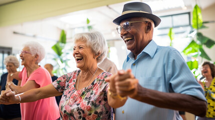 Elderly partners participating in a lively dance class, moving to the rhythm with smiles on their faces, elderly couples