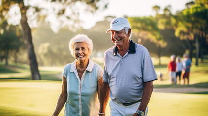 Two retirees playing a round of golf, showcasing their skill and camaraderie on the fairway, elderly couples - obrazy, fototapety, plakaty