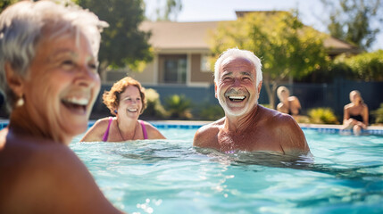 Fototapeta premium Senior partners joining a group for a morning swim in a community pool, staying active and social, elderly couples