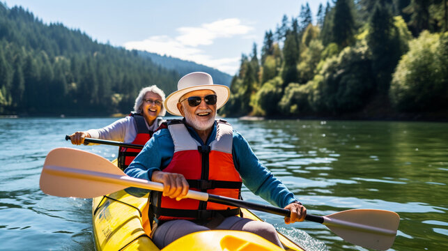 Two retirees enjoying a day of kayaking, paddling through tranquil waters, elderly couples
