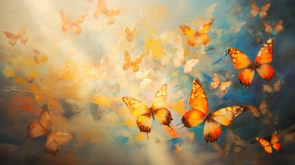 A colorful swarm of butterflies in flight