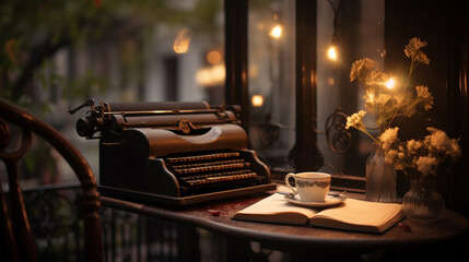 vintage typewriter with books, A vintage cafe in a bustling European street, a cozy corner with an antique typewriter, AI Generative - obrazy, fototapety, plakaty