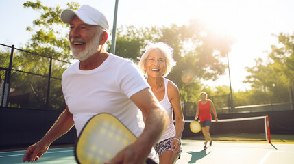 Mature partners engaging in a lively game of pickleball, showing agility and enthusiasm, elderly couples
