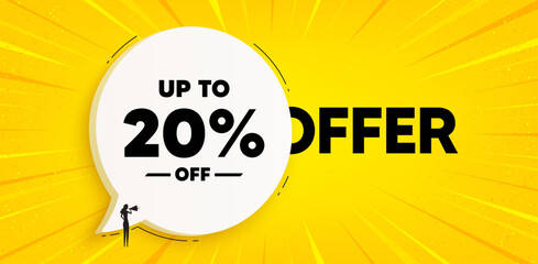 Up to 20 percent off sale. Chat speech bubble banner. Discount offer price sign. Special offer symbol. Save 20 percentages. Discount tag speech bubble message. Talk box background. Vector