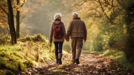 An elderly pair embarking on a nature hike, holding hands as they explore the great outdoors, elderly couples