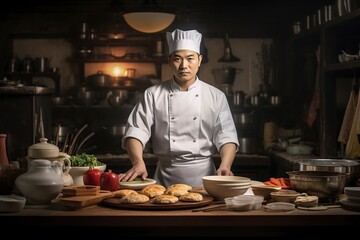 chinese man dressed as a chef looking at the camera