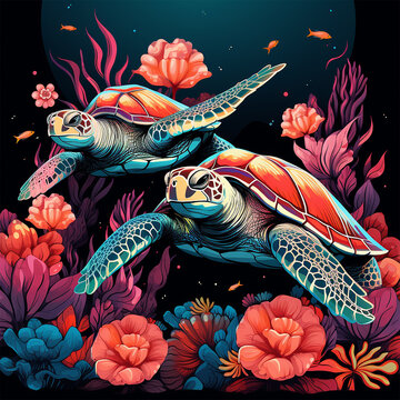 Sea Turtles Graphical Art Generative AI artwork 