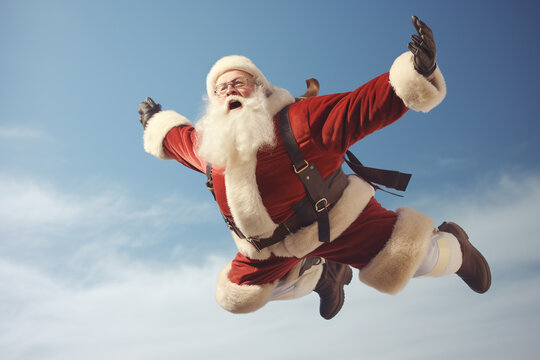santa claus flying on the sky, Santa claus flying on the sky , joyful and optimistic, crisp and clean look, minimal retouching, high, AI Generative