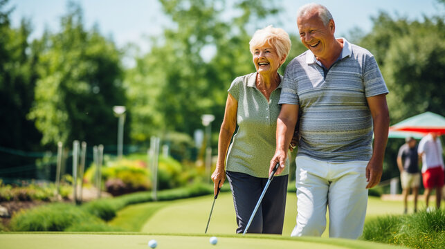 A retired couple testing their golf skills at a miniature golf course, enjoying a leisurely day out, elderly couples