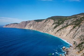 Drone photograph with the deserted Ammos beach in Kefalonia island, Greece.