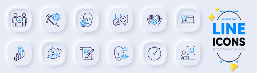 Timer, Face verified and Online help line icons for web app. Pack of Time management, Employee hand, Windmill turbine pictogram icons. Music, Voice wave, Discrimination signs. Vector