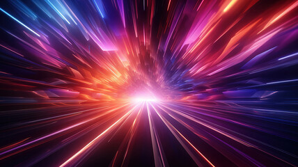 Abstract flight in retro neon hyper warp space in the tunnel 3d illustration. Generative Ai