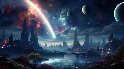 Deep space planets, science fiction imagination of cosmos landscape. Generative Ai
