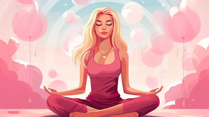 Fototapeta na wymiar young happy peaceful female meditating and practice yoga in lotus pose, in style of pastel pink, generative AI