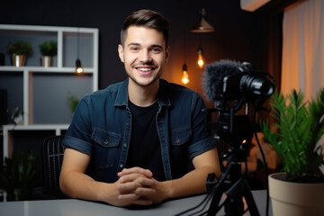 Young man host in headphones enjoying podcasting in his home studio. Handsome podcaster laughing while streaming live audio podcast