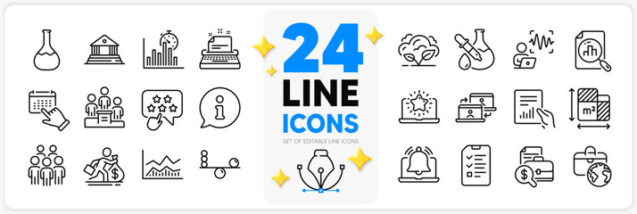 Icons set of Interview, Global business and Ranking star line icons pack for app with Business podium, Accounting report, Salary thin outline icon. Floor plan, Info, Court building pictogram. Vector