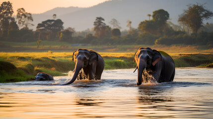 Two elephants at the stream in jungle.