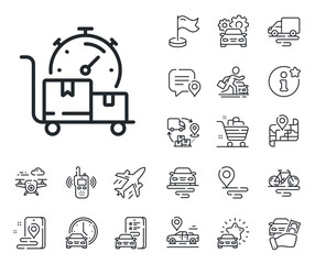 Moving service sign. Plane, supply chain and place location outline icons. Fast delivery line icon. Things transportation symbol. Fast delivery line sign. Taxi transport, rent a bike icon. Vector