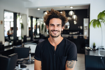 Obraz premium Portrait of handsome guy hairstylist. Proud owner standing in front of his modern hairdressing salon, confident entrepreneur, small business owner