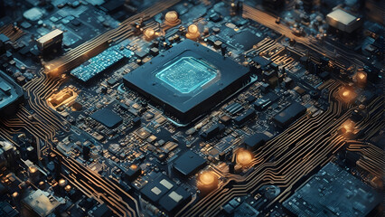 Close-up view of an electronic circuit board with various components bathed in soft, neon light. Generative AI