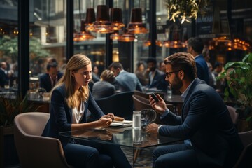 Business Negotiation Scene Showcasing Two People Talking, Generative AI