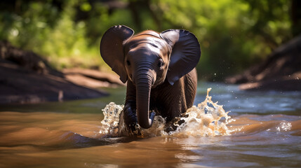 Baby elephant at the stream in jungle.