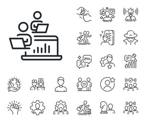 Remote office sign. Specialist, doctor and job competition outline icons. Teamwork line icon. Team employees symbol. Teamwork line sign. Avatar placeholder, spy headshot icon. Strike leader. Vector