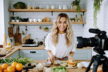 A young woman food blogger cooking salad in front of smartphone camera while recording vlog video and live streaming at home in kitchen.