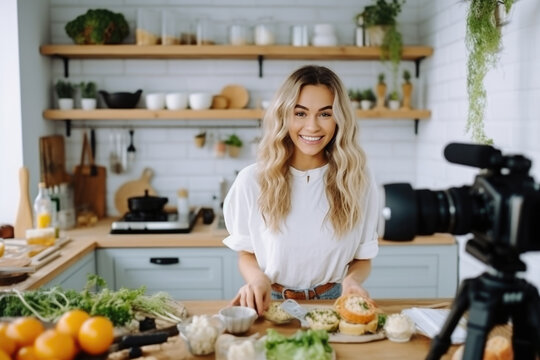 A young woman food blogger cooking salad in front of smartphone camera while recording vlog video and live streaming at home in kitchen.