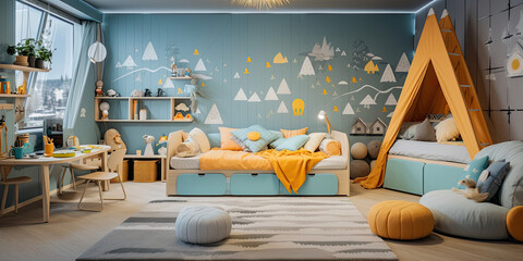 Interior of a modern children's room in blue tones with comfortable sofas and a hut
